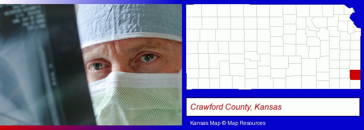 a physician viewing x-ray results; Crawford County, Kansas highlighted in red on a map