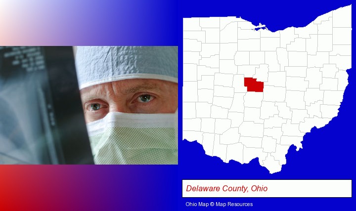 a physician viewing x-ray results; Delaware County, Ohio highlighted in red on a map