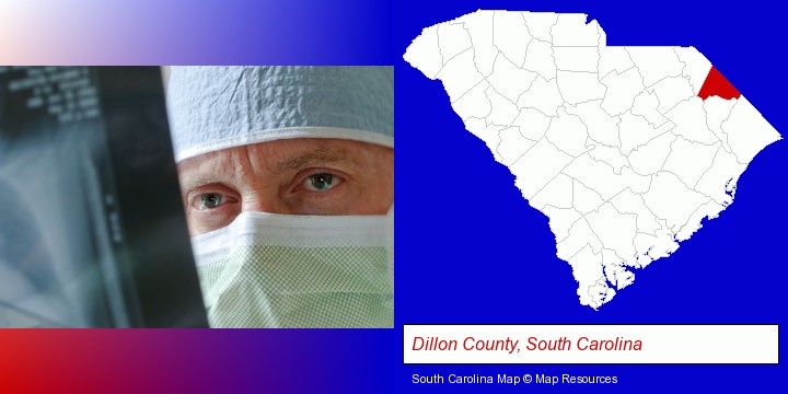 a physician viewing x-ray results; Dillon County, South Carolina highlighted in red on a map