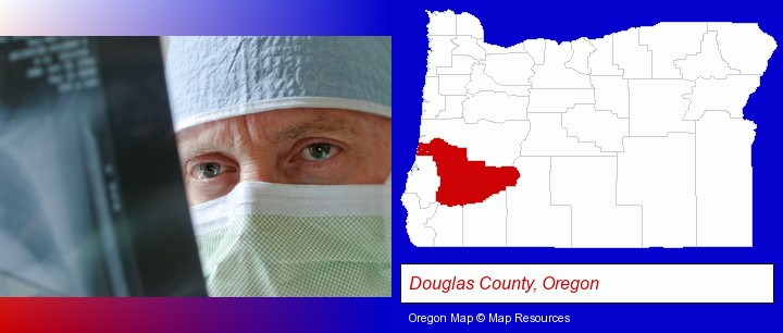 a physician viewing x-ray results; Douglas County, Oregon highlighted in red on a map