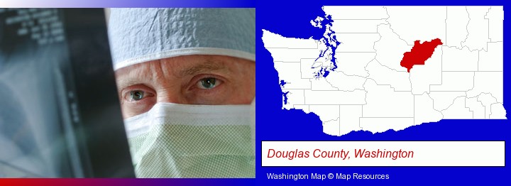 a physician viewing x-ray results; Douglas County, Washington highlighted in red on a map