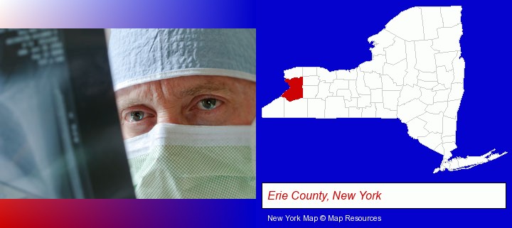 a physician viewing x-ray results; Erie County, New York highlighted in red on a map