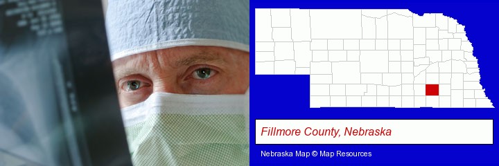 a physician viewing x-ray results; Fillmore County, Nebraska highlighted in red on a map