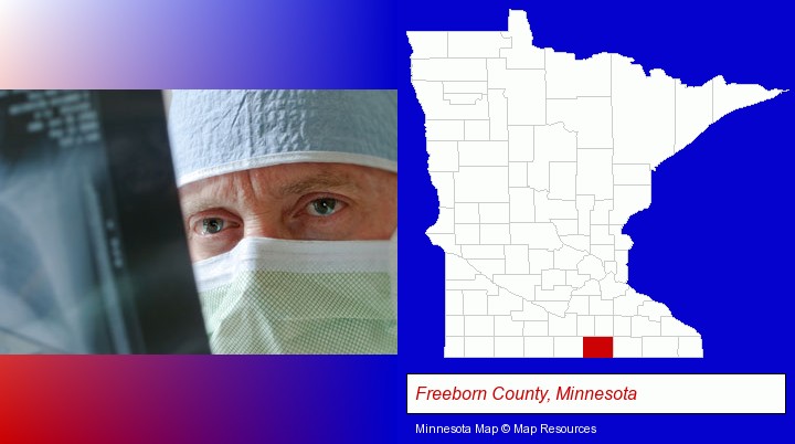 a physician viewing x-ray results; Freeborn County, Minnesota highlighted in red on a map