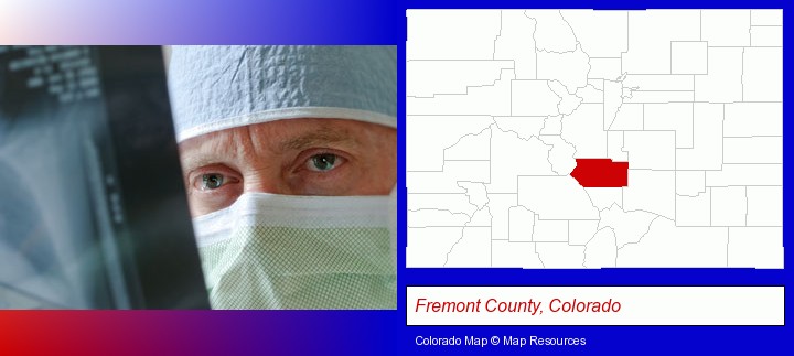 a physician viewing x-ray results; Fremont County, Colorado highlighted in red on a map