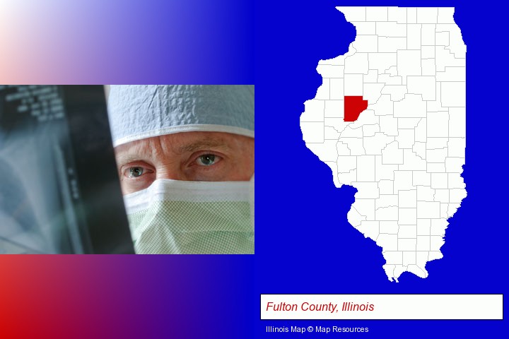 a physician viewing x-ray results; Fulton County, Illinois highlighted in red on a map