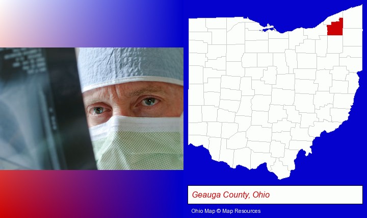 a physician viewing x-ray results; Geauga County, Ohio highlighted in red on a map