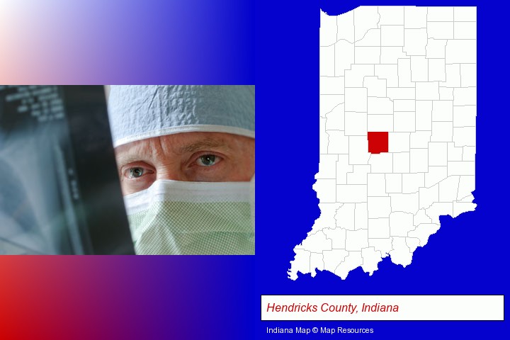 a physician viewing x-ray results; Hendricks County, Indiana highlighted in red on a map