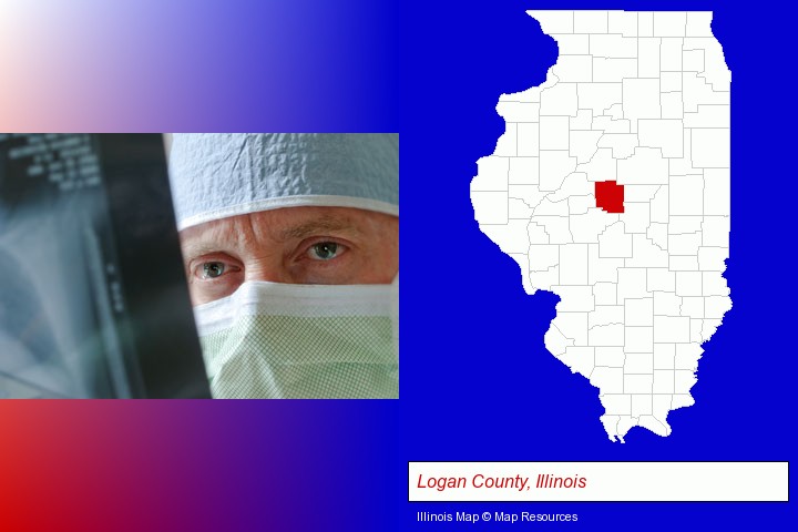 a physician viewing x-ray results; Logan County, Illinois highlighted in red on a map