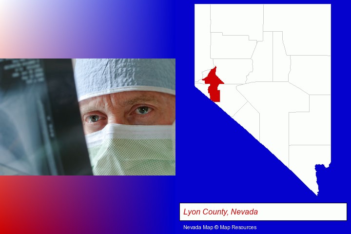 a physician viewing x-ray results; Lyon County, Nevada highlighted in red on a map