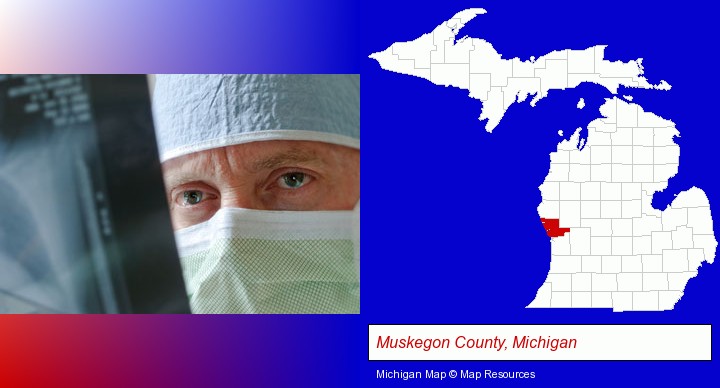 a physician viewing x-ray results; Muskegon County, Michigan highlighted in red on a map