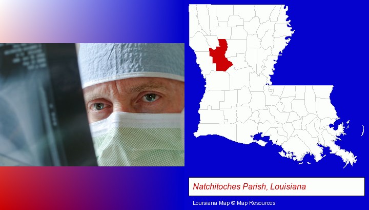 a physician viewing x-ray results; Natchitoches Parish, Louisiana highlighted in red on a map