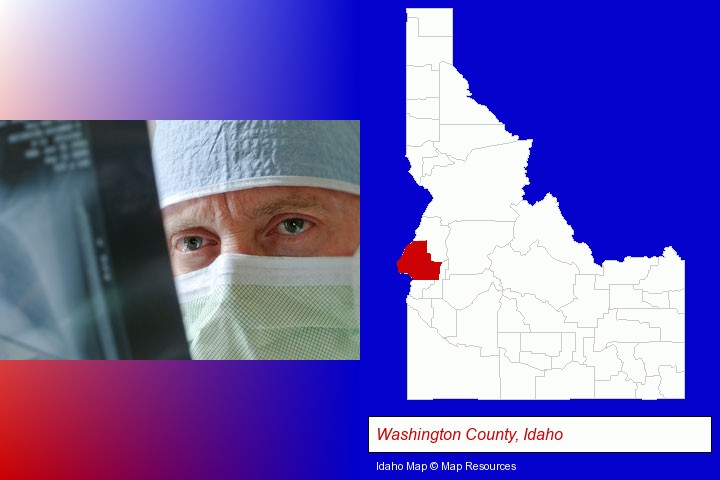 a physician viewing x-ray results; Washington County, Idaho highlighted in red on a map