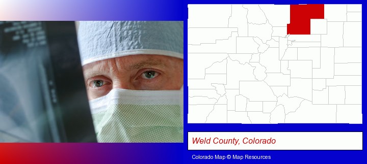 a physician viewing x-ray results; Weld County, Colorado highlighted in red on a map