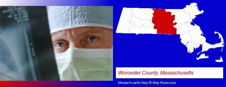 a physician viewing x-ray results; Worcester County, Massachusetts highlighted in red on a map